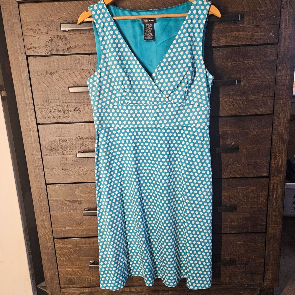 Spense Womens Turquoise White Polka Dot A Line Dress V Neck Sleeveless Sz 10